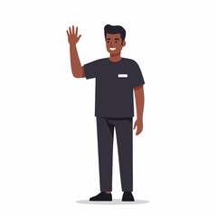 Flat Style Cheerful Store Clerk Waving Hand Isolated Character Illustration