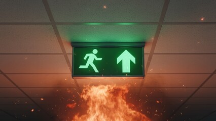 A glowing green exit sign above flames with sparks rising in smoke, fire prevention and safety concept