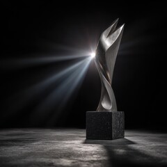 Abstract Silver Sculpture with Dramatic Light Rays on Dark Background.