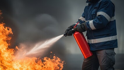 A person in safety gear using extinguisher to fight flames with urgency, active fire prevention and safety action