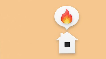 A small white house with speech bubble flame icon on orange background, minimalist fire prevention and safety concept
