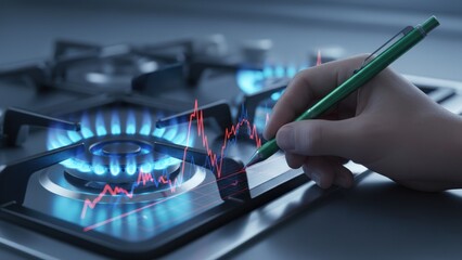 A blue gas stove flame with hand sketching rising financial graphs, energy cost fire prevention and safety concept