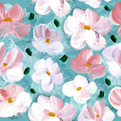Seamless pattern of abstract pink flowers, original hand drawn, impressionism style, color texture, brush strokes of paint, art background
