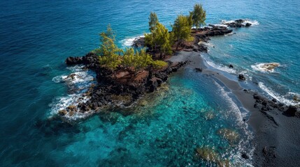 Aerial View - Lush Green Islet in Azure Tropical Waters with Crashing Waves.