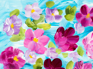Abstract pink  flowers, original hand drawn, impressionism style, color texture, brush strokes of paint, art background.