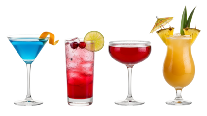 a set of cocktails: gin tonic, blue lagoon, tequila sunrise, iced irish coffee, pina colada, mai tai, cocktail with rum, whiskey, mojito, bar menu drinks, cocktails isolated PNG	