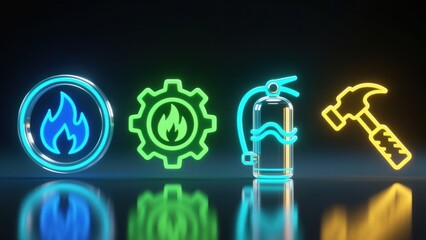 A neon glowing fire, gear, extinguisher, and hammer icons in cyber style, modern fire prevention and safety symbols