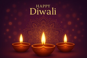 Happy diwali greeting with glowing clay diyas shining brightly mandala art background golden flame symbolizing traditional indian festival of lights sacred culture radiant festive joy