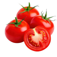  a group of tomatoes next to a half of a tomato