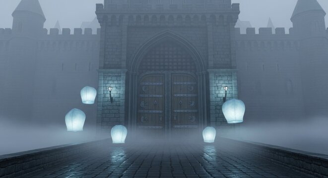 Sky lanterns float before a castle gate shrouded in fog on a cobblestone path