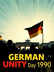 Crowd celebrating German Unity Day with flag against sunset background  