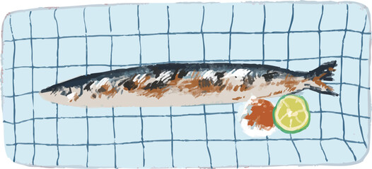 秋の秋刀魚の塩焼きのイラスト