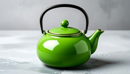 Shiny green tea kettle on a light gray surface