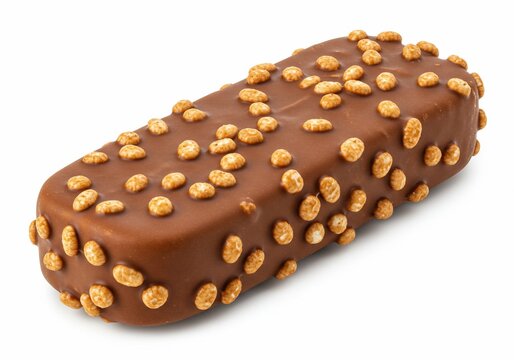 Crispy Puffed Rice Studded Milk Chocolate Ice Cream Bar Isolated on a Clean White Background.