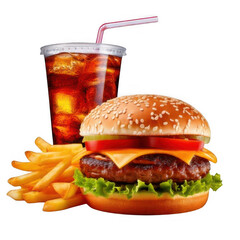 a hamburger and fries with a drink