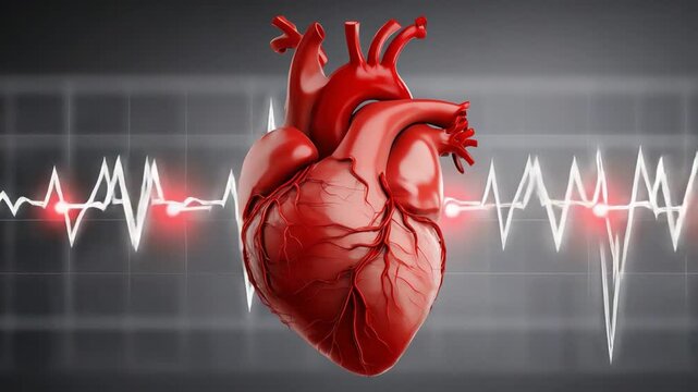 An anatomical heart illustration on a background featuring an EKG heartbeat line, symbolizing life, emotion, and health. Ideal for medical, educational, or wellness themes.