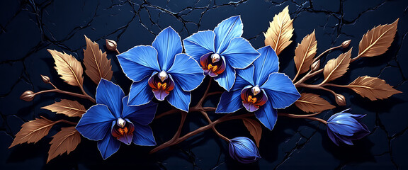 Luxury floral wallpaper featuring 3D embossed blossoms with gold, silver, and marble textures, elegant botanical mural in rich colors, abstract illustration for art prints, seamless 4K decorative back