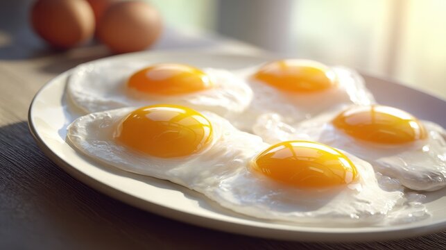 A Hearty Plate of Five Sunny-Side Up Eggs Glowing in Warm Morning Sunlight.