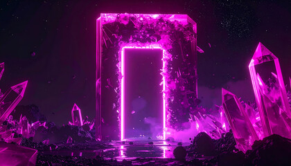 Vibrant Crystal Gateway in a Cosmic Landscape, Digital Art, Nighttime, Surreal Concept