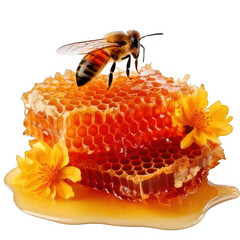  a honeycomb with a bee on top and flowers isolated on white and transparent background.