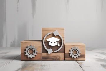 Wooden blocks with gears and graduation cap symbolizing education and technology integration