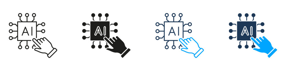 Artificial Intelligence Chip with Hand Control Line and Solid Icon Set. Machine Learning Processor Digital Interaction Symbol Collection. Isolated Vector Illustration