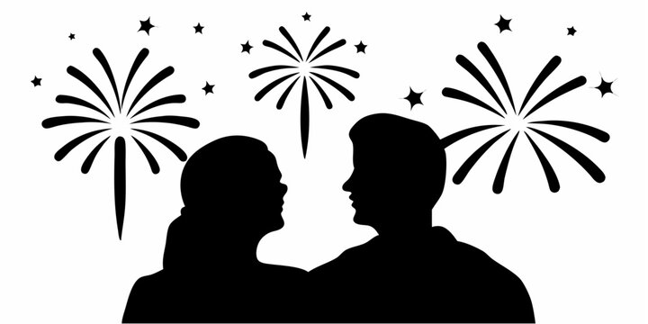 Romantic silhouette of a couple watching fireworks, evoking celebration and joy, perfect for festive events, New Year's Eve, and romantic moments