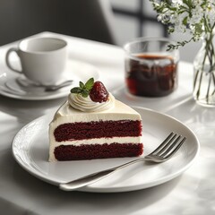 A decadent slice of red velvet cake with cream cheese frosting, served on a white plate with a fork