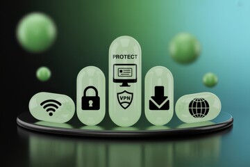 Cybersecurity icons on a digital platform representing online safety and data protection measures