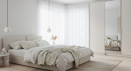 柔らかな自然光が白いカーテンを通して優しく降り注ぐ明るく広々としたミニマルな寝室ベージュの寝具が心地よさを誘い全身鏡のワードローブが空間に洗練された広がりをもたらす. AI Generated