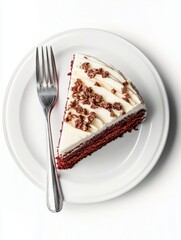 A decadent slice of red velvet cake with cream cheese frosting, served on a white plate with a fork