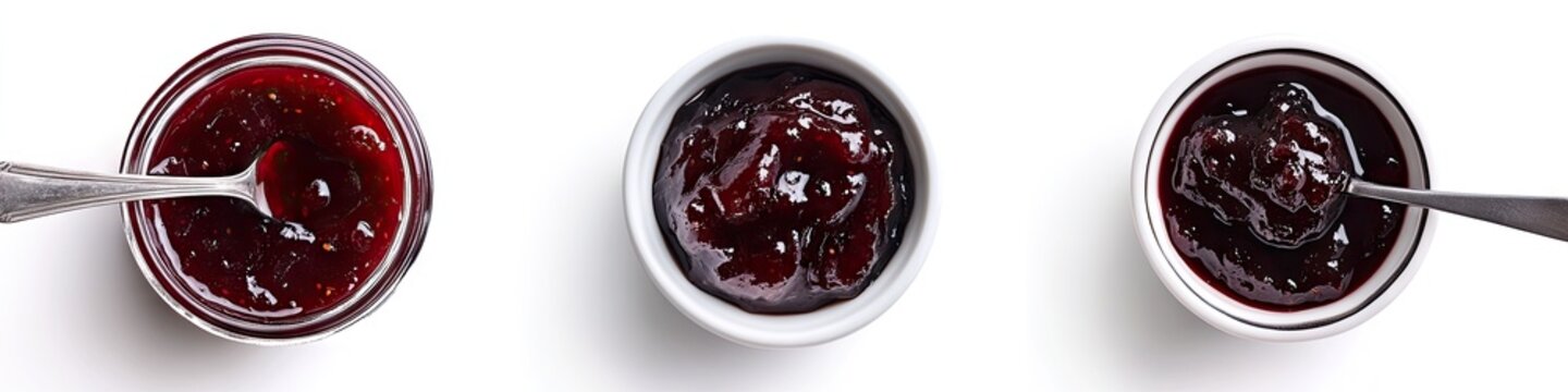 Three bowls of dark red jam or sauce