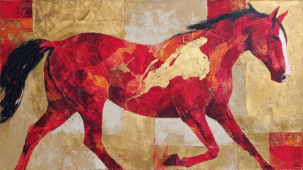 Abstract expressionist horse painting in vibrant reds and golds, modern art piece