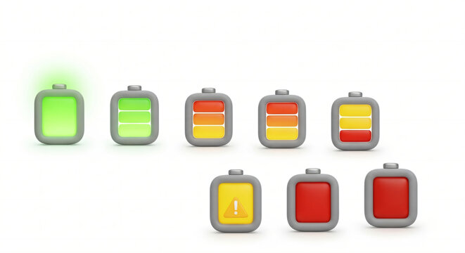 A full set of rounded, pillowy 3D battery icons. The full battery glows with a soft