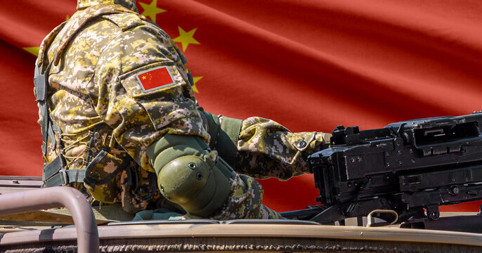 China flag with soldier at machinegun turret - Powered by Adobe