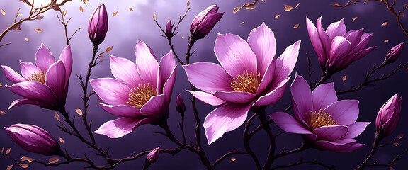 Luxury floral wallpaper featuring 3D embossed blossoms with gold, silver, and marble textures, elegant botanical mural in rich colors, abstract illustration for art prints, seamless 4K decorative back