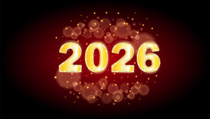 2026 new year celebration with glowing bubbles and sparkles on red background
