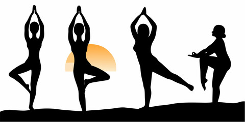 Elegant female silhouettes in various yoga poses promote balance, tranquility, and holistic wellness for mindful living