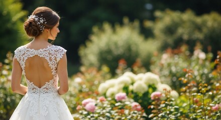 Bride from the back in an elegant lace wedding dress. Woman with a bridal updo hairstyle standing in a summer garden. Wedding fashion and beauty concept