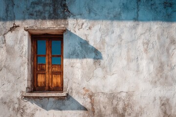 Weathered Window with Blue Panes on Textured Wall, Strong Shadows.