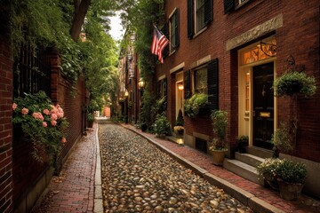 Fototapeta premium Boston Beacon Hill. Acorn Street - Charming Brick Alleyway in Massachusetts