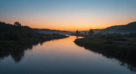 夜明けの柔らかな光が降り注ぐ曲がりくねった川 黄金色に染まる空と山々が水面に美しく映り込む静寂な自然風景. AI Generated