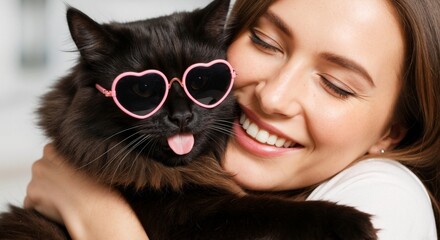 Happy woman hugging a funny black cat wearing pink heart sunglasses. Affectionate pet owner and her cute feline friend. Human-animal bond and pet love concept