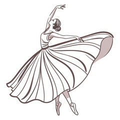 Elegant line art illustration of a graceful ballerina in a flowing dress performing a ballet pose with arms extended © Miasahin