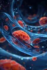 Abstract Microscopic View - Red Blood Cells Flowing Through Vein-like Structure.