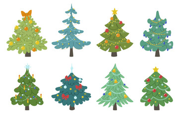 Set of Christmas trees decorated with garlands, bows, Christmas tree decorations, bells, snowflakes, candles and stars. Traditional festive evergreen or faux spruces. Symbol of xmas and New Year