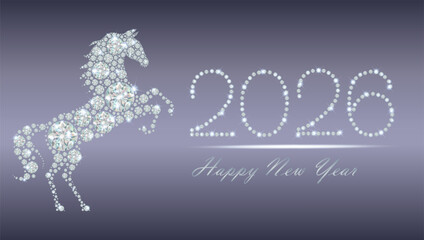 Sparkling diamond horse and 2026 new year greeting on elegant background
