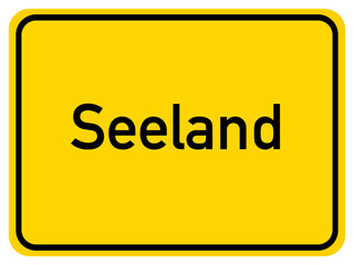 Illustration of a city entrance sign for the city of Seeland