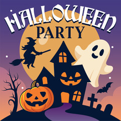 Colorful Halloween illustration with haunted house, witch flying on a broom, smiling ghost and pumpkins. Perfect design for party posters, invitations, postcards and seasonal decorations.
