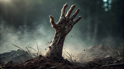 A decaying undead zombie hand emerges from dark misty soil and graveyard dirt as a symbol of horror and the supernatural